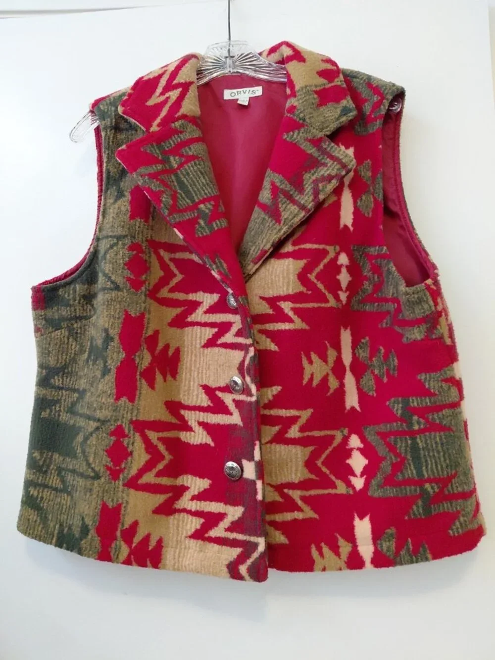 Orvis Vest Womens Southwest Aztec Western Concho Buttons Large Red Green Beige